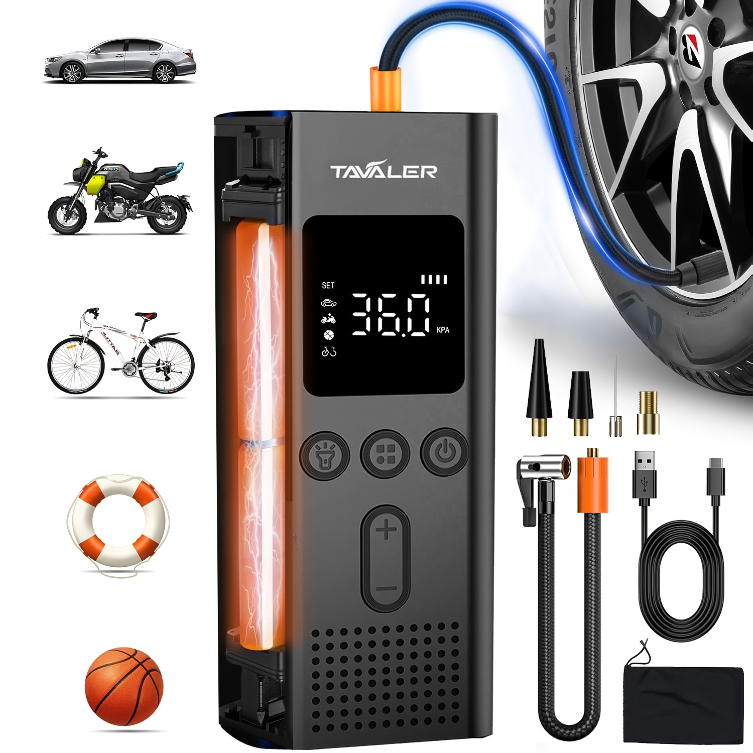 E-shop Ultra-tragbarer wiederaufladbarer Luftkompressor mit LCD-Bildschirm für Auto & Fahrrad, LED-Licht, schnelles Aufpumpen für Autos, Motorräder,