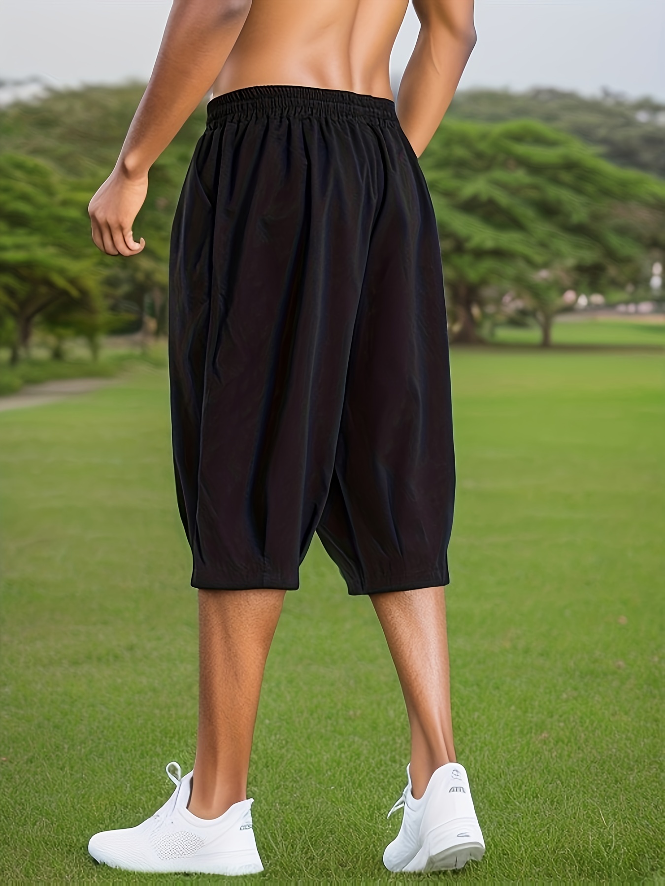 Plus Size Men's Solid Harem Drawstring Shorts For Summer, Trendy Casual Outdoor Sports Oversized Shorts For Males