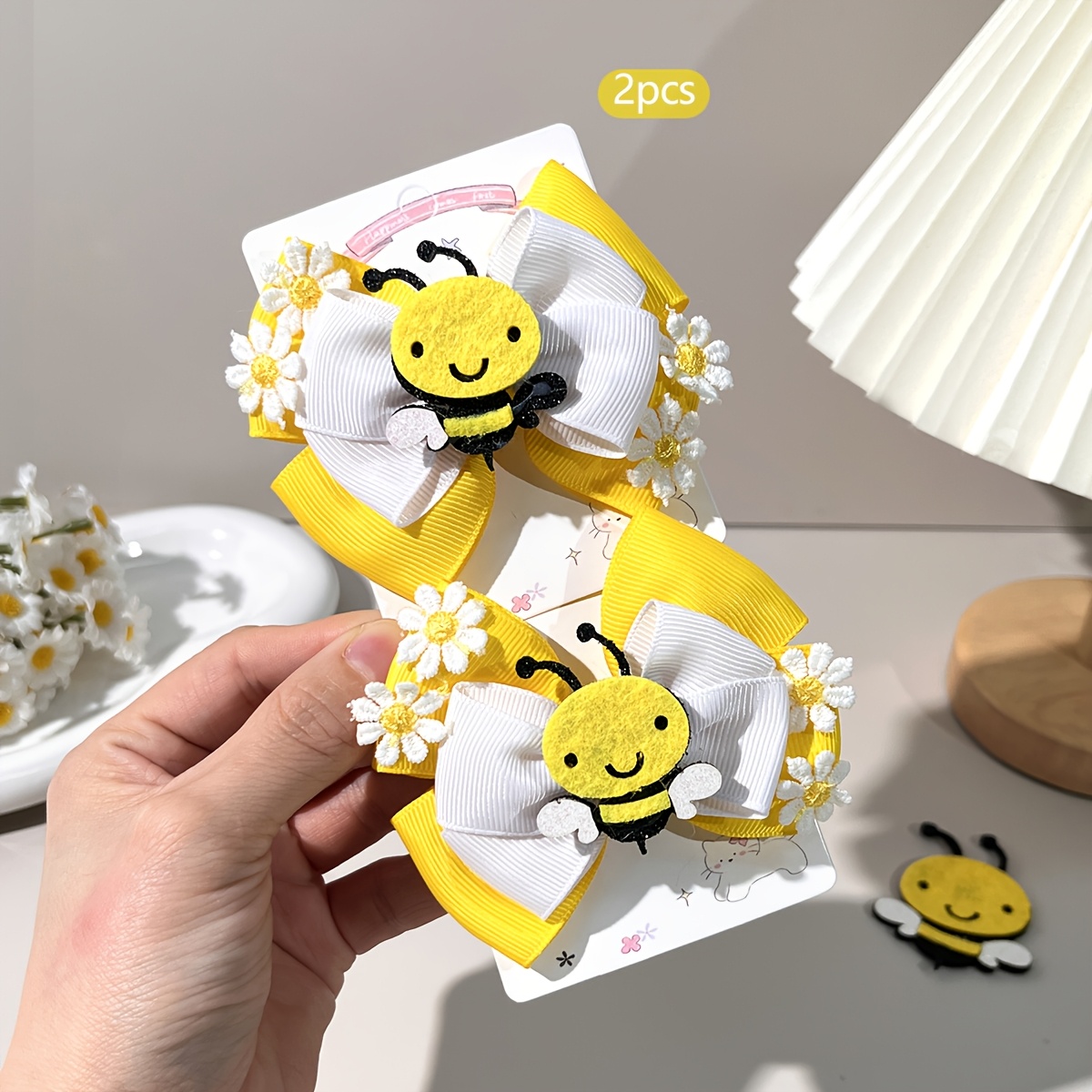 TEMU 2pcs Elegant Bee & Ladybug Floral Hair Bow Clips For, Sweet Flowers Grosgrain Ribbon Bowknot Barrettes For Daily Wear, Hair Additions For