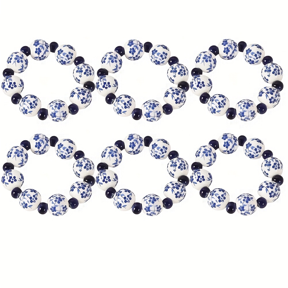 TEMU 6/12pcs Creative Ethnic Style Hand-painted Blue And White Beads Napkin Ring Home Table Decoration Napkin