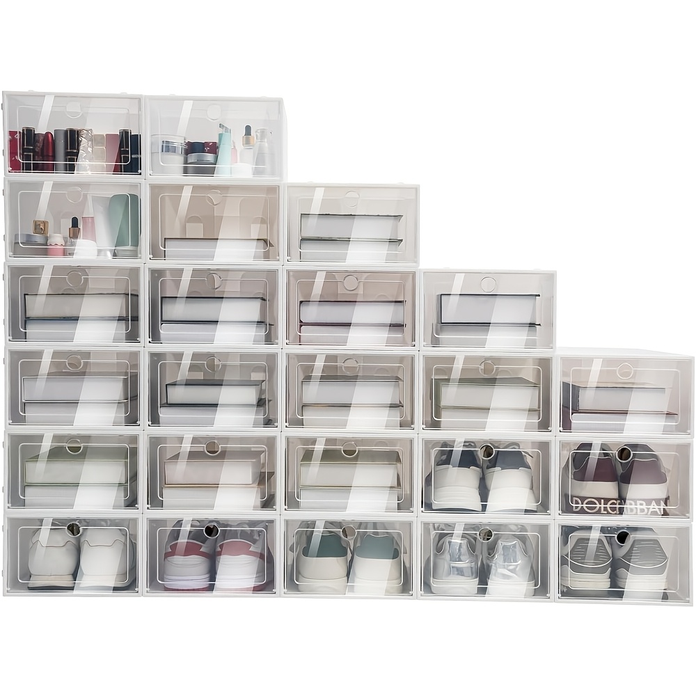 

12/ 24 Pack Stackable Clear Plastic Shoe Storage Boxes Clamshell Foldable Shoe Organizer Shoe Container With Round Holes, Laundry Baskets