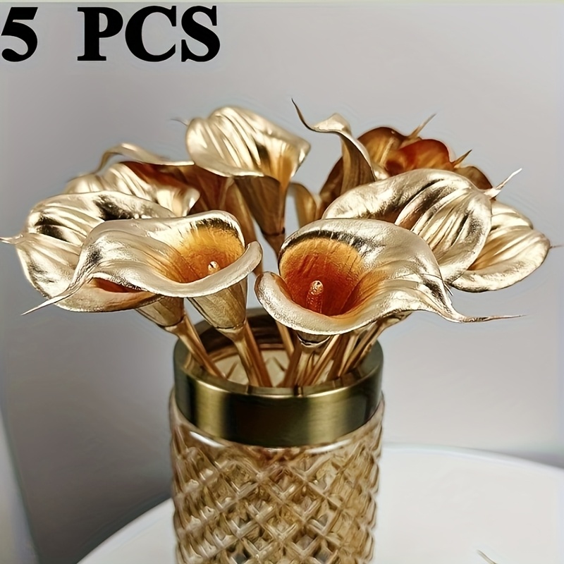 Image of 5 High-end Golden Calla Lily Simulated Plastic Flowers - | Big Atmosphere, For Room | Bedroom, Office And Wedding Photography Props, Christmas Decor, Halloween Decor