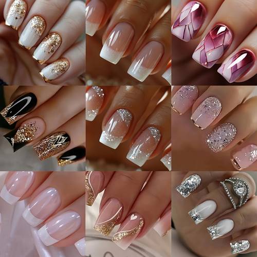 216pcs 9 boxes short square summer white french style simple gradient glitter heart soft on nails full cover nail set for women s