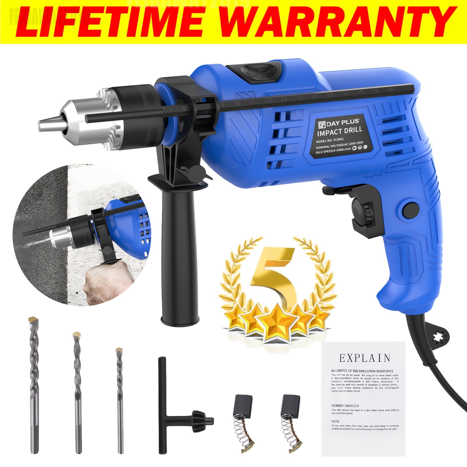 Image of Rotary Hammer Drill Set, Wood Concrete Stone Electric Breaker With 360° Rotatable Side Handle Variable Speed Depth Gauge 13mm , Drill Bits (5/6/8mm) And Key For Drilling In Wood, Concrete, Masonry