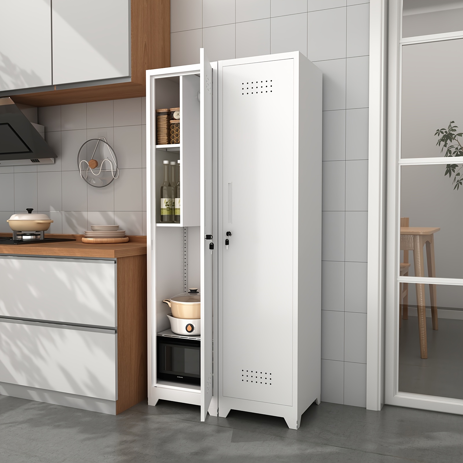 TEMU Metal Broom Storage Cabinet With Shelves, 65'h Steel Storage Cabinets With Locking Doors And Hooks, Slim Broom Storage Cabinet With Hanging Rod