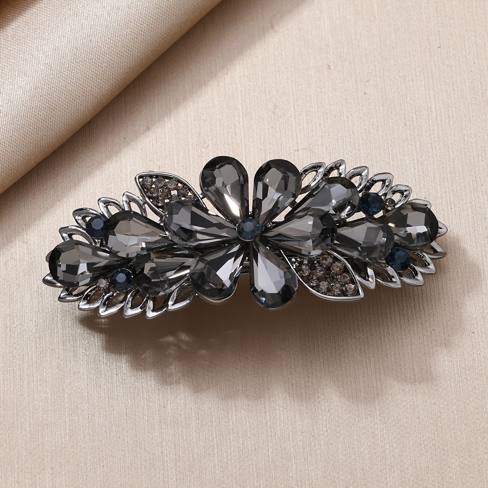 E-shop Frühlings-Haarspange mit kaltgrau-schwarzer Kristallblume, leichte Luxus-High-End-Seiten-Haarspange, elegantes Haar-Accessoire für den täglichen