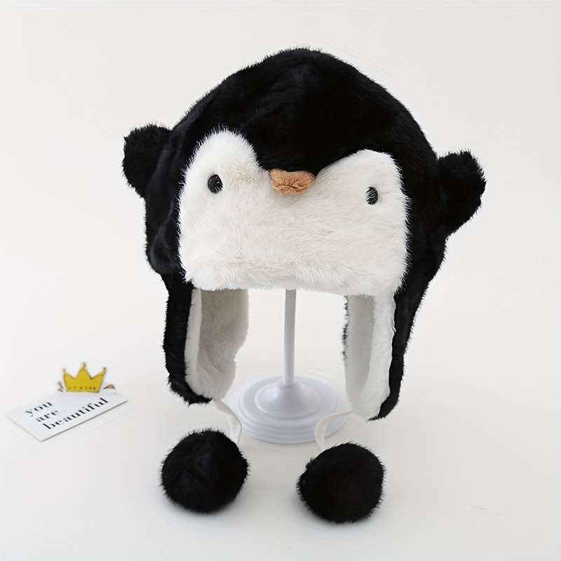 

Cozy Penguin Plush Earflap Hat For Women - Thick, Cap With Adjustable Drawstring, Skiing & Cycling, Fluffy, Penguin, Beanie, Warm, Ear Protection