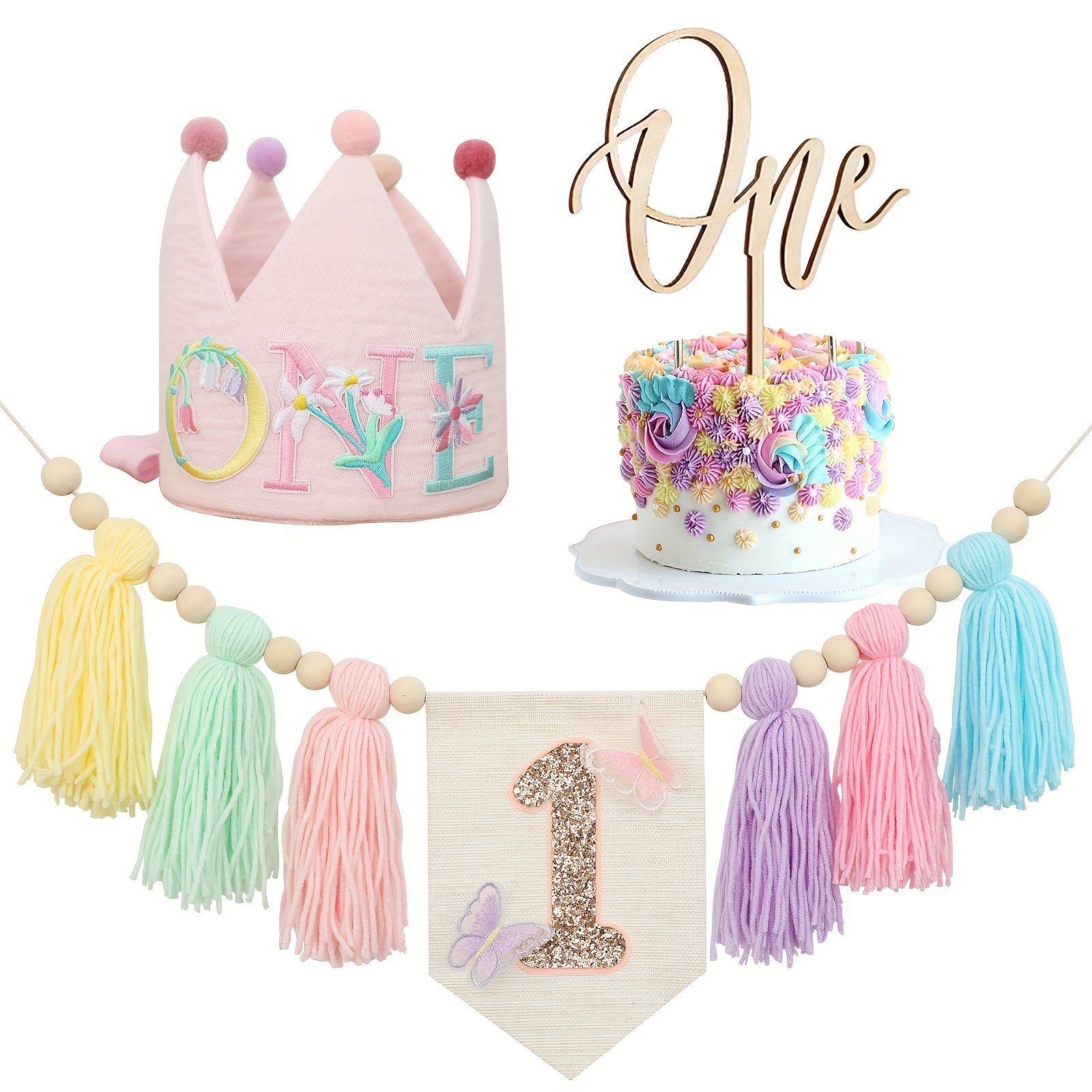 

1set, Butterfly Macaron High Chair Tassel Banner Crown Hat Cake Topper For Birthday Party Decorations, Room Decorations, Party Hair Decorations, Cake Smash Props