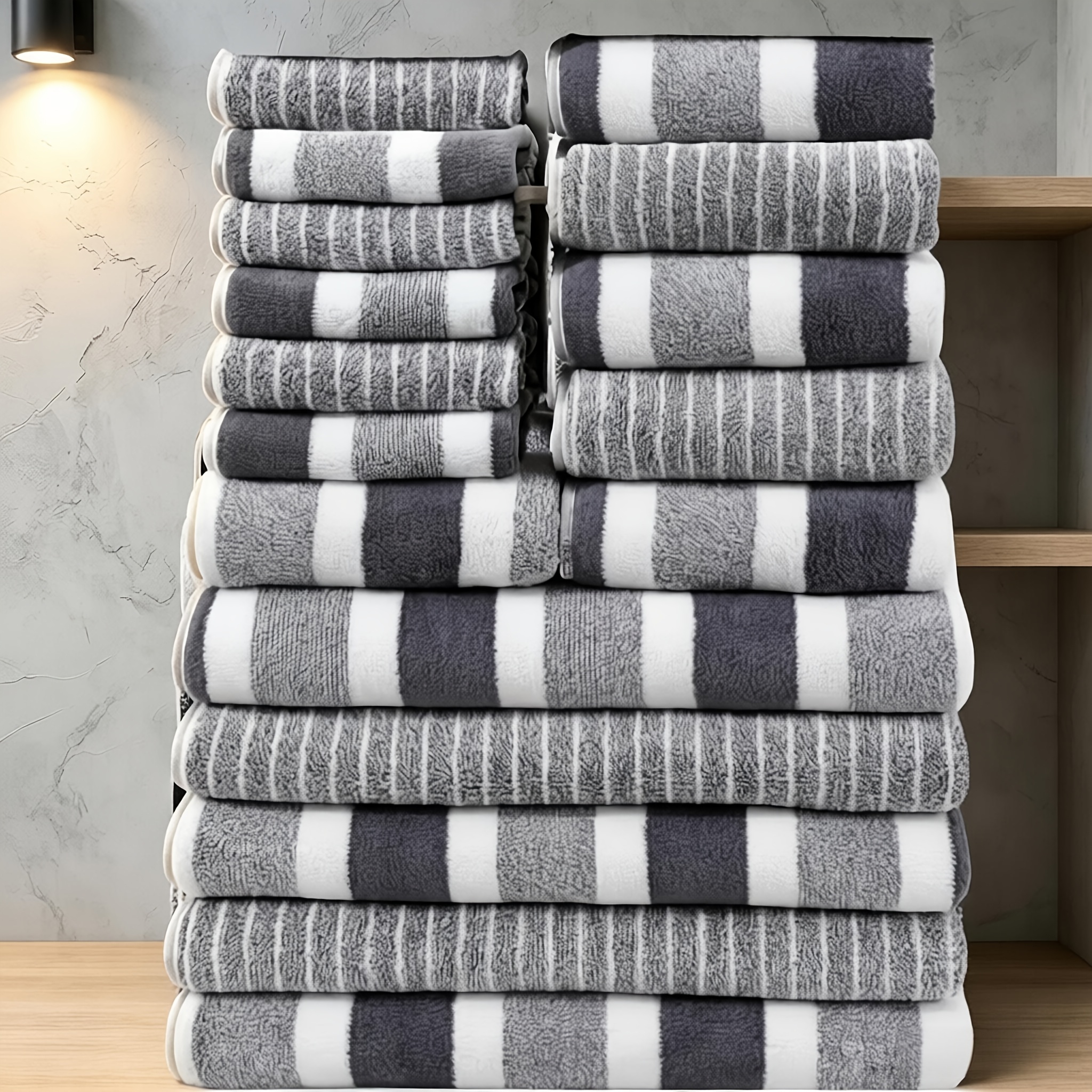 TEMU 17pcs Set Of 5pcs Bath Towels And 6pcs Hand Towels And 6pcs Square Towels, Striped Pattern Microfiber Material Soft And Comfortable And