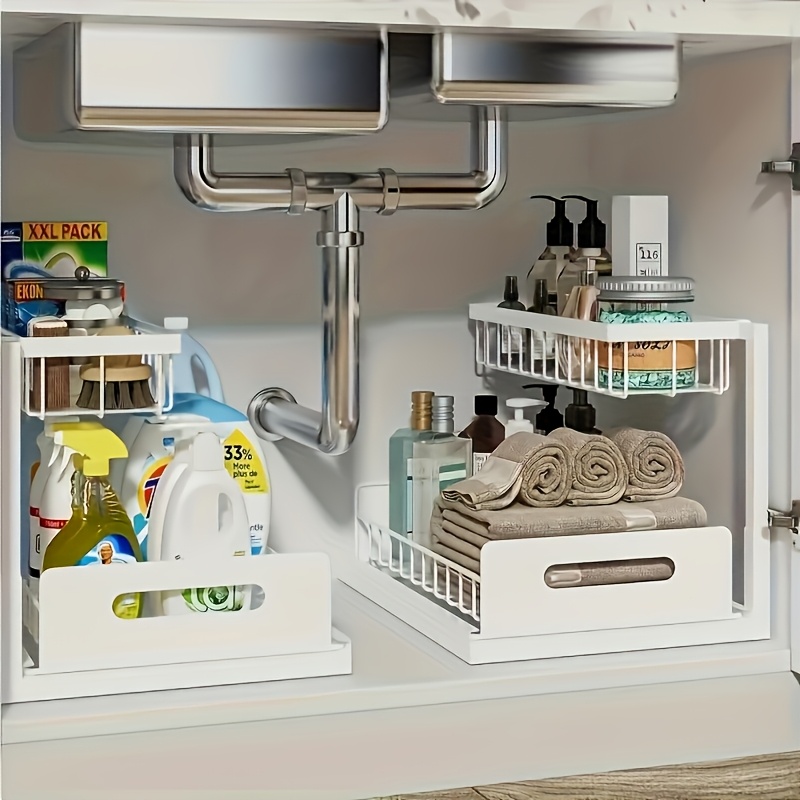 TEMU Organisateur de rangement sous évier à 2 niveaux, étagère coulissante à tiroir pour placard, support de rangement encombrant pour cuisine et