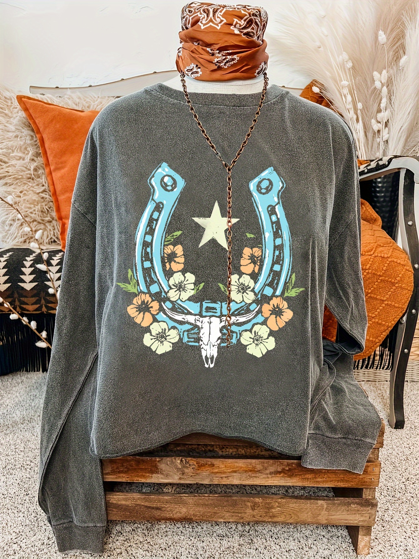 Womens Long Sleeve Tops Western Aztec Sweatshirt Crewneck Cowgirl