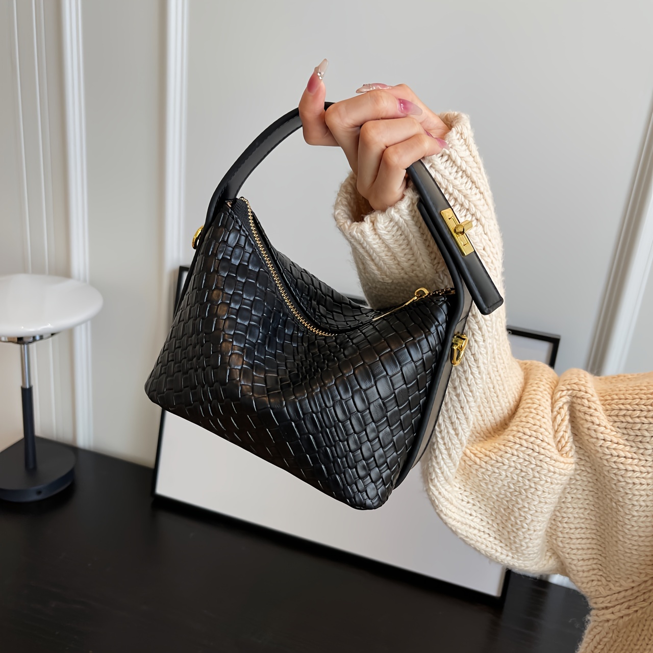 

Elegant Braided Handbag, Versatile Solid Color Fashion Accessory With Golden Accents, Stylish Crossbody Bag