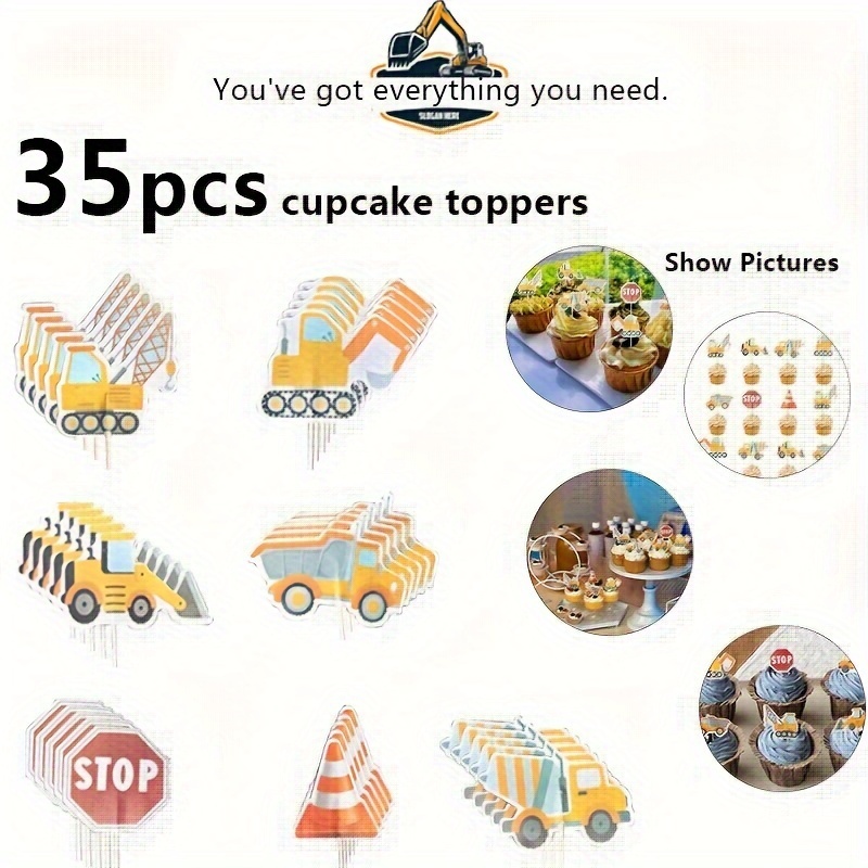 

35pcs Construction Cupcake Toppers Construction Happy Birthday Cake Topper Truck Excavator Tractor Cupcake Picks For Birthday Party Cake Decorations Supplies