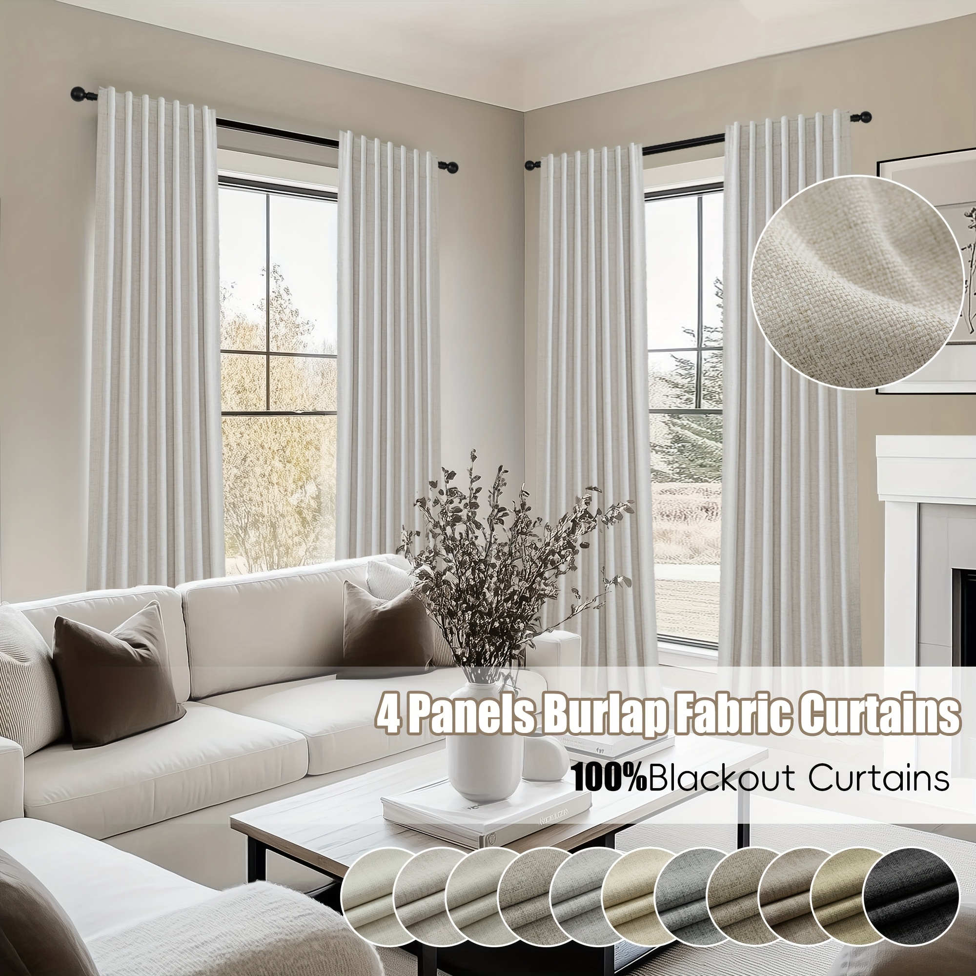 4 Panels, Polyester Thick Linen Texture, 100% Blackout Curtains, Thermal Insulation, Noise Reduction, Back Tab Curtains for Living Room And Bedroom, Boho