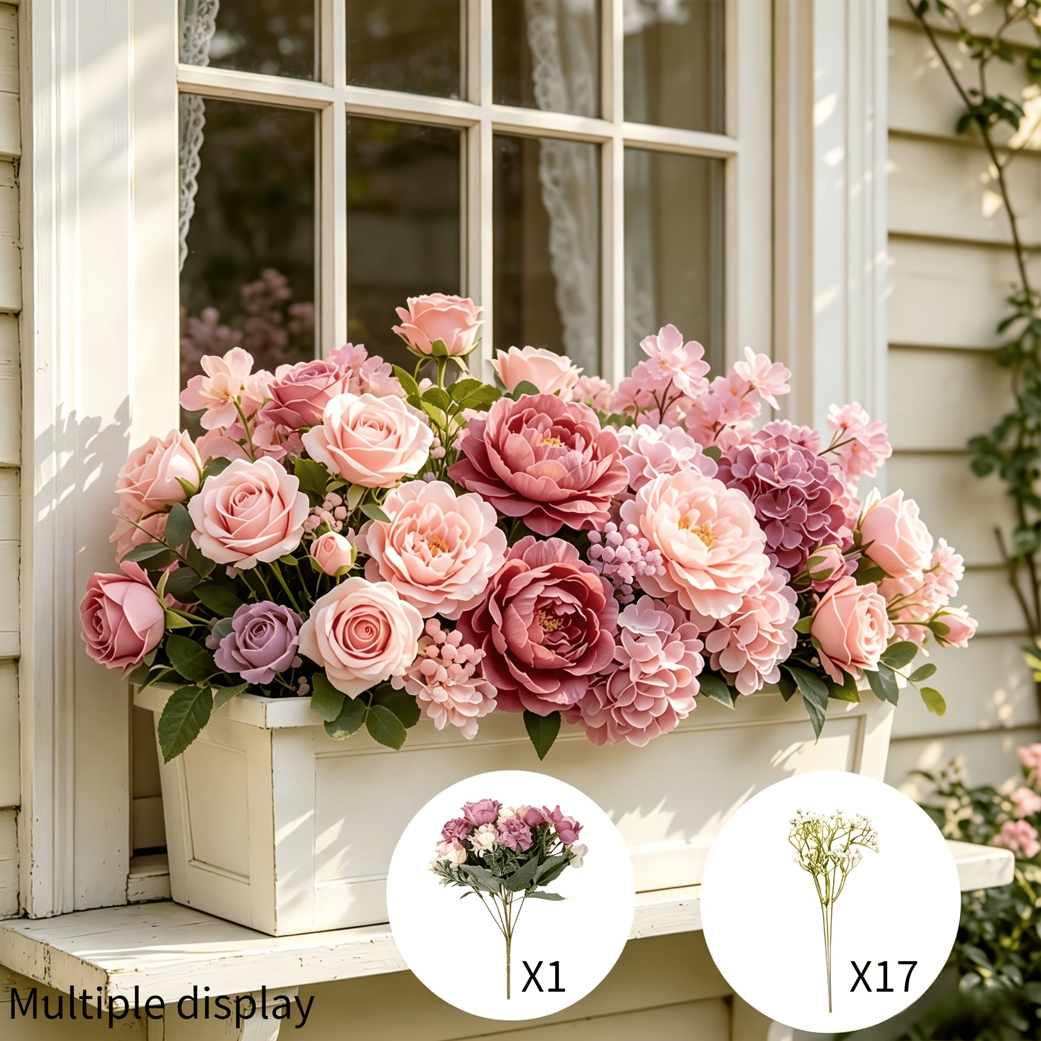 TEMU 18pcs Luxurious Large Artificial Bouquet, Series Peony, Rose And Hydrangea, With Dandelion, Realistic Touch, No Maintenance. Suitable For