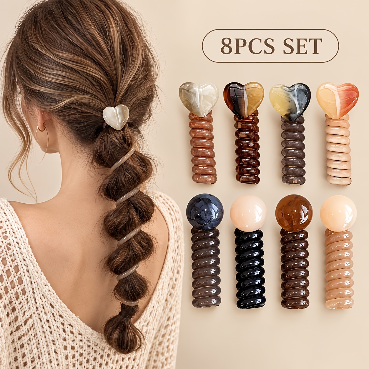 TEMU 8pcs Premium Spiral Hair Ties, Stylish Soft Plastic Hair Bands That Don't Damage Or Pull Your Hair, Perfect For Thick Hair, Women, And Everyday