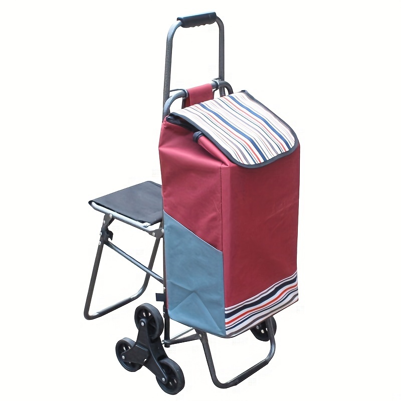 Iron Folding Shopping Cart with Seat and Stair Climbing Wheels, Portable Grocery Trolley with Plastic Wheels, No Electricity Required