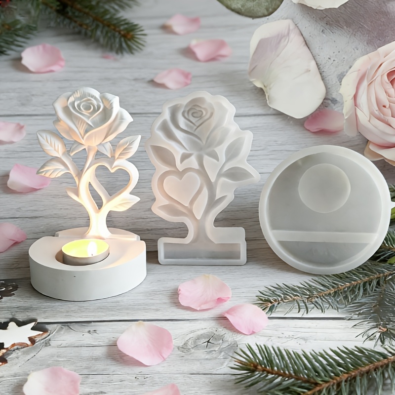E-shop Harz Silikonform 2 Stück (Rose Form und Runde Kerzenständer Form) Herz Rose Blume Form, Gips Silikonform, Epoxidharz Form, Tropfen Kleber Form,