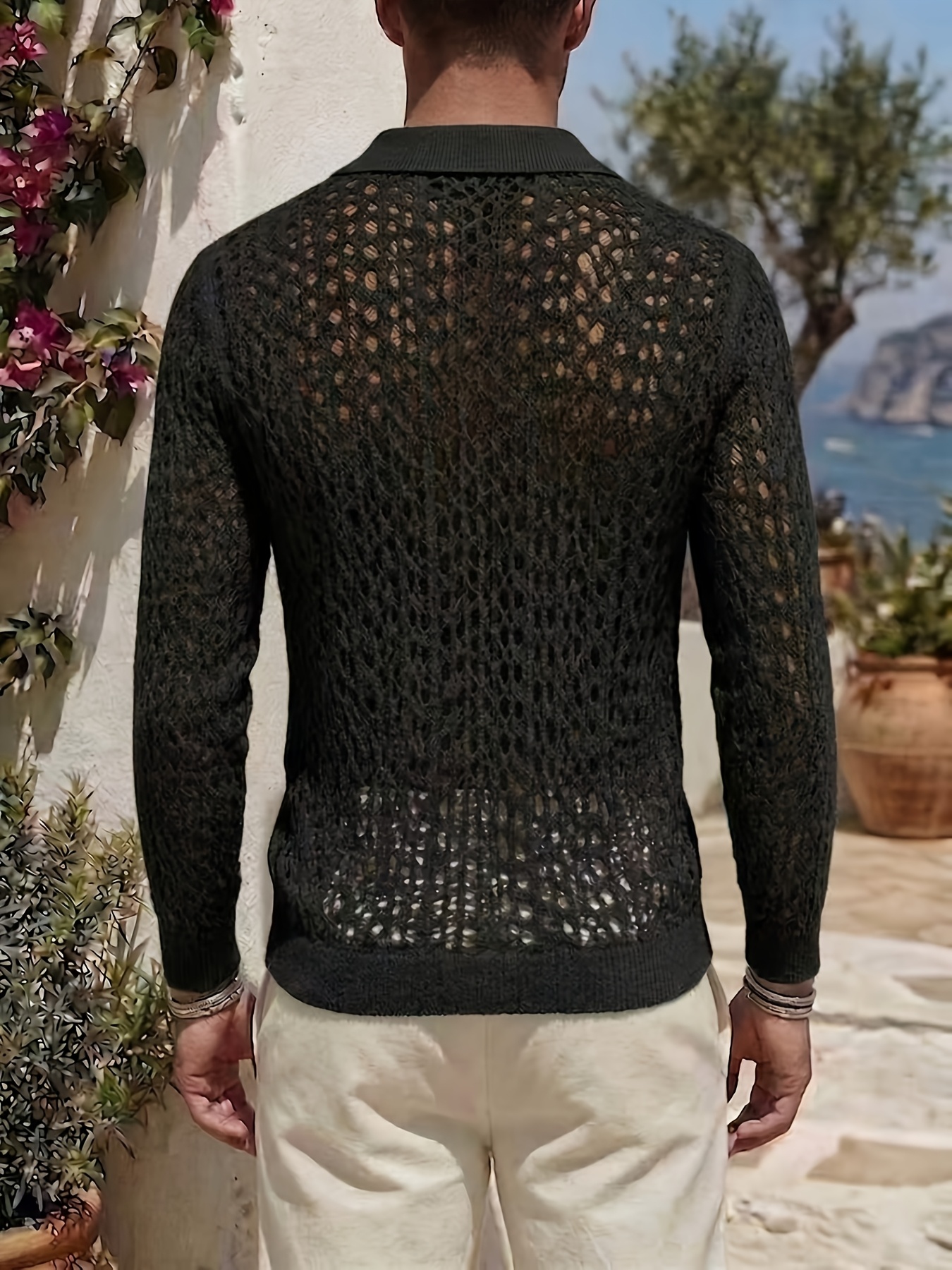 Men's Knitwear, Bean Green Hollow-out Knit Cardigan, Lapel & Single-breasted Design, Breathable & Casual, with a Relaxed Vacation Vibe