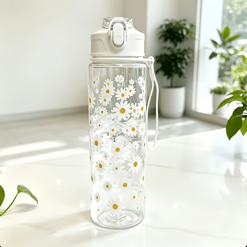 TEMU Vaso de agua transparente de 750ML con estampado de margaritas , de un botón, a prueba de fugas, anti-caída, vaso portátil con y asa para