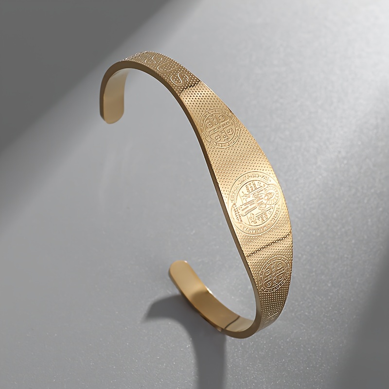 Unisex Stainless Steel Open Bangle Bracelet with Cross Design