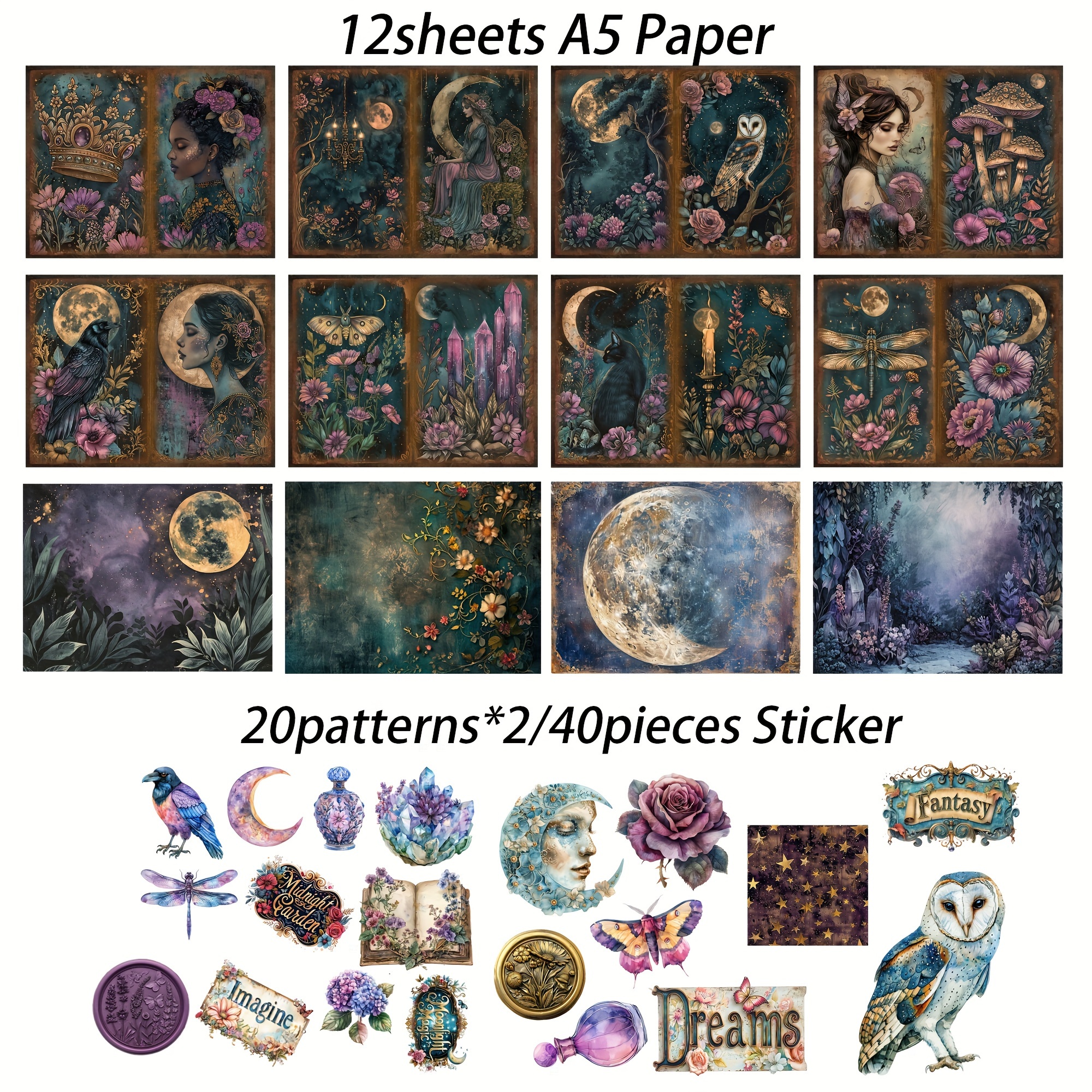 Image of 2d Flat 52pcs Includes 12papers And 40stickers Gothic Garden Decorative Paper, Perfect For Arts Crafts, Holiday Party, Scrapbooking Supplies, Junk Journals, Background Pad, Gift Decoration, 2d Flat