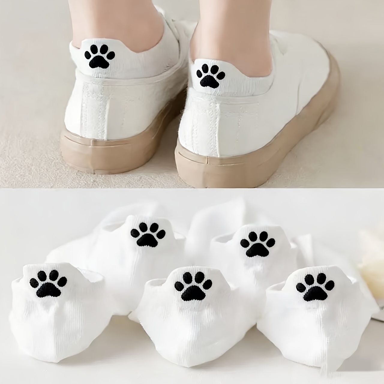Image of 5-pair Women' Summer Thin Cat Paw Print Boat Socks - Non-slip Low-cut Ankle Socks Suitable For, Office, Casual Attire - Preppy Style Cute Kitten Design With Sole, Hand Washable Boat Shoe Socks