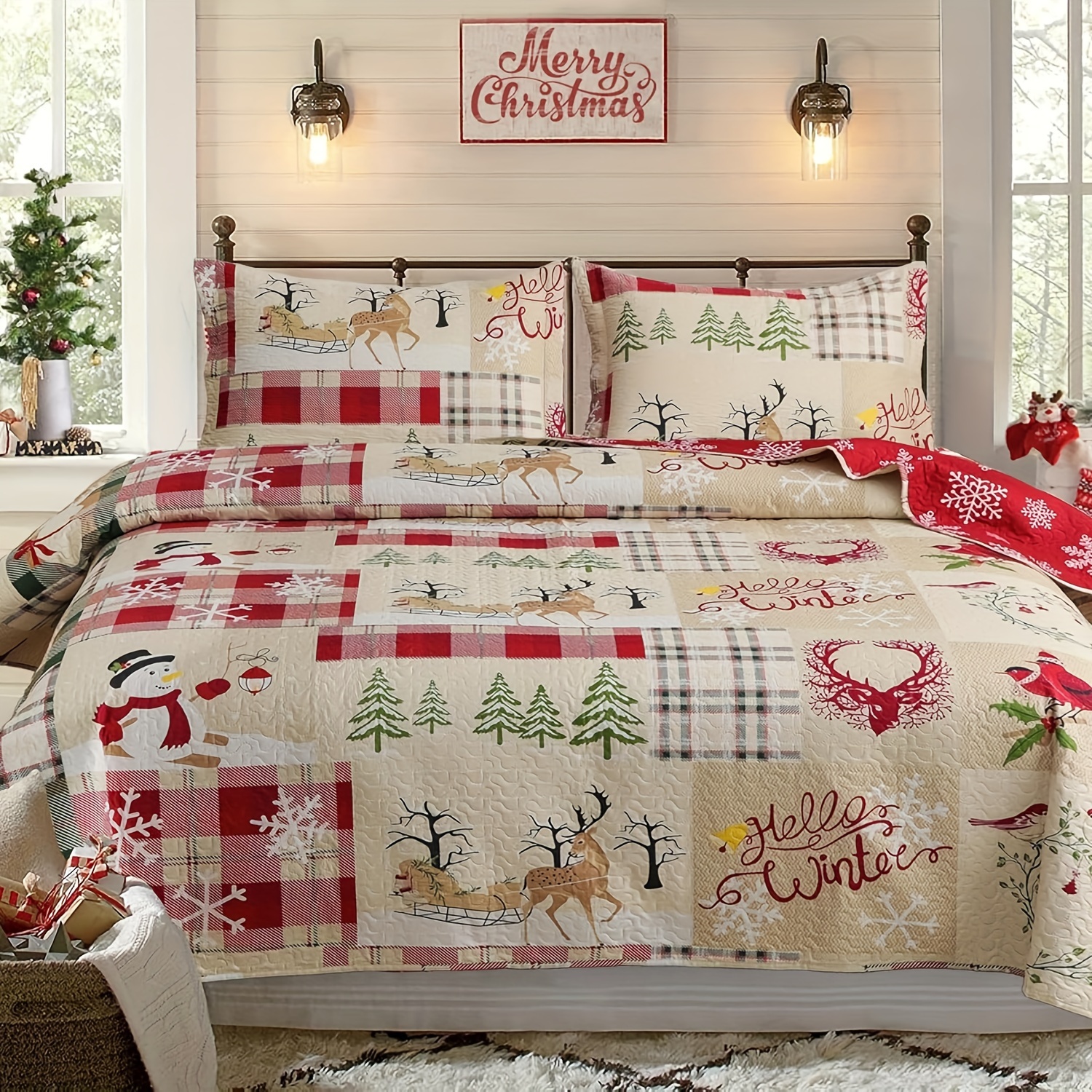 

3- Christmas Bedspread Christmas Elk Bedding Set Red Strip Bedspread Christmas Elk Decor, // Bedspread