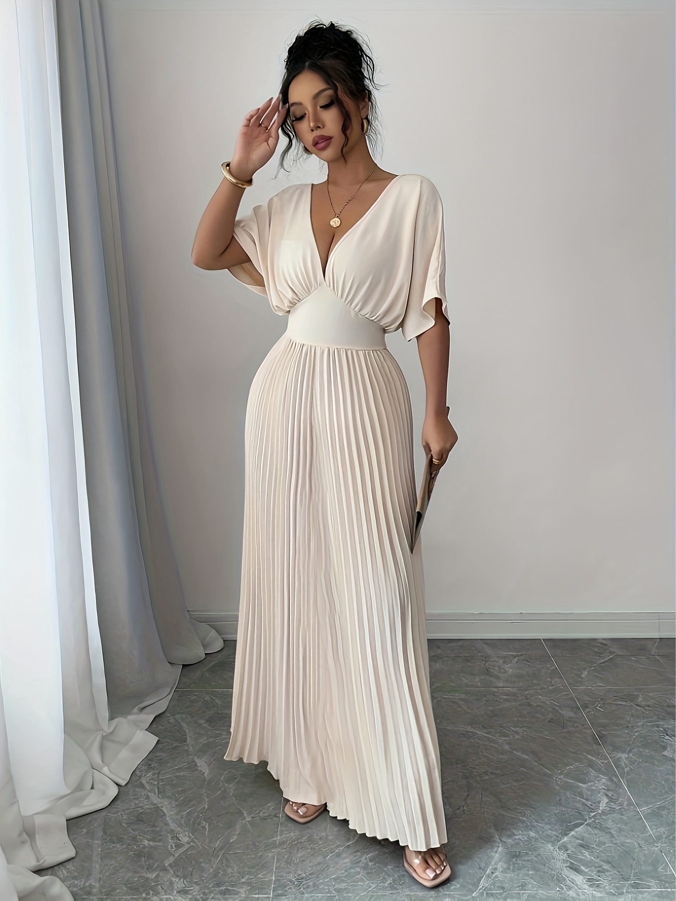 elegante vestido midi cuello profundo plisado mujer Temu Ecuador