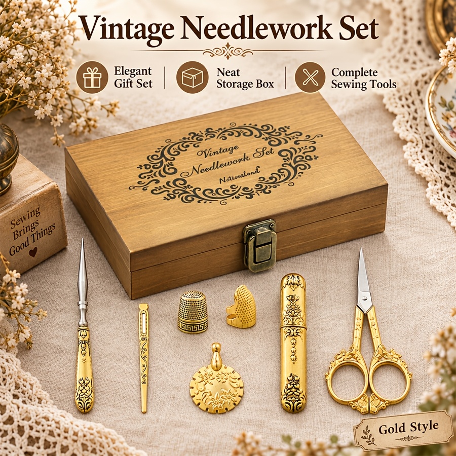 TEMU Elegant Vintage Sewing Gift Set For Women, Wooden Needlework Box With Golden Sewing Additions, Complete Hand Sewing Kit For Crafts, Birthday