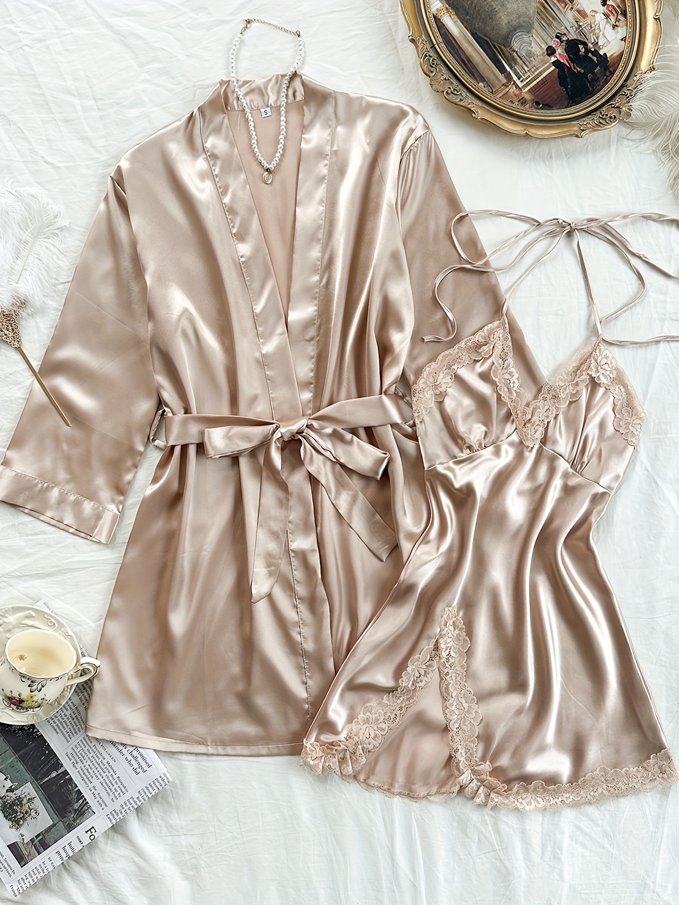 solid satin pajama set long sleeve robe belt contrast lace v