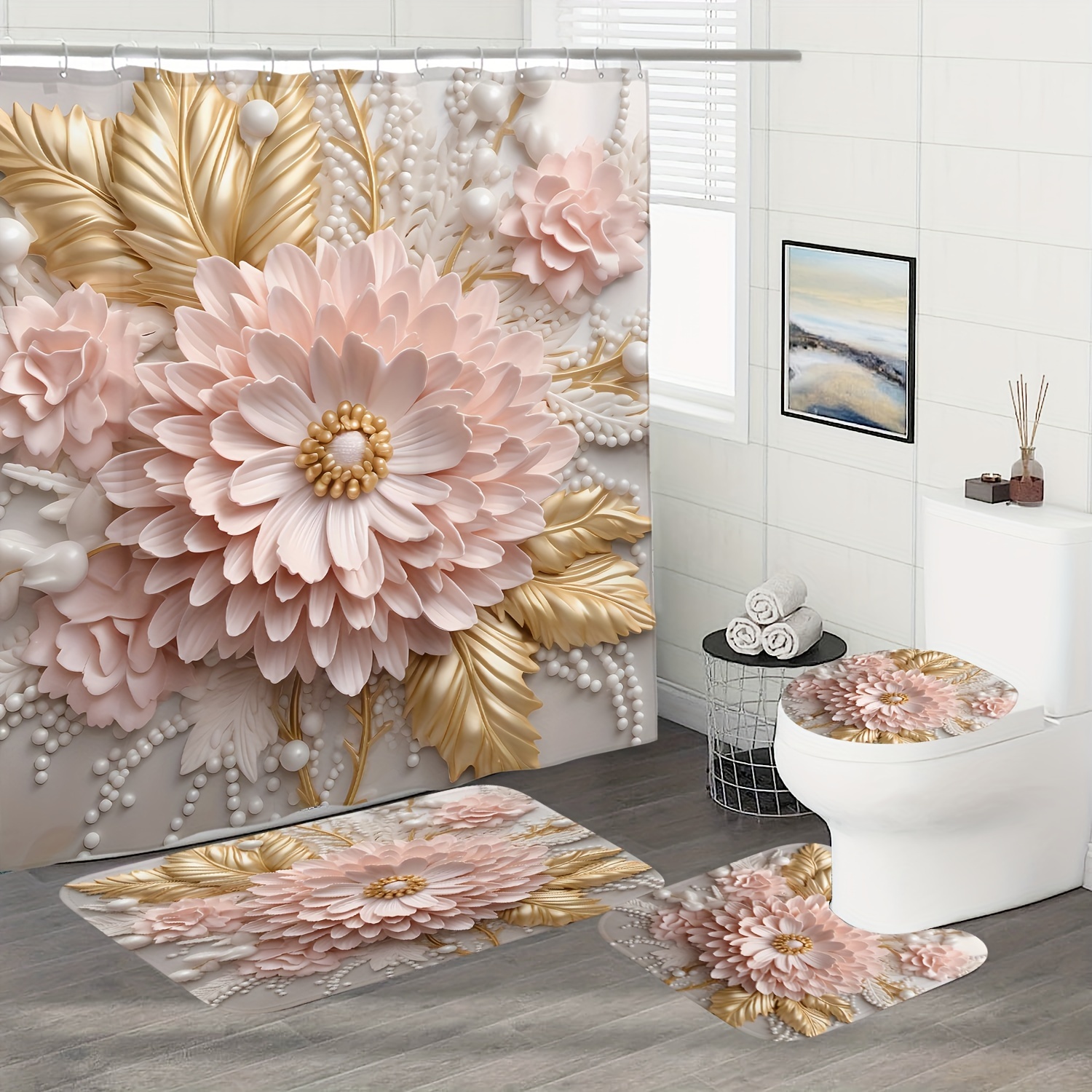 

3d Floral Waterproof Shower Curtain Set With Matching Bath Mat & Toilet Lid Cover - Modern Home Bathroom Decor, Includes 12 Hooks, Non-bleach Polyester, 72x72 Inches - Choose 1/3/4 Pcs Piece