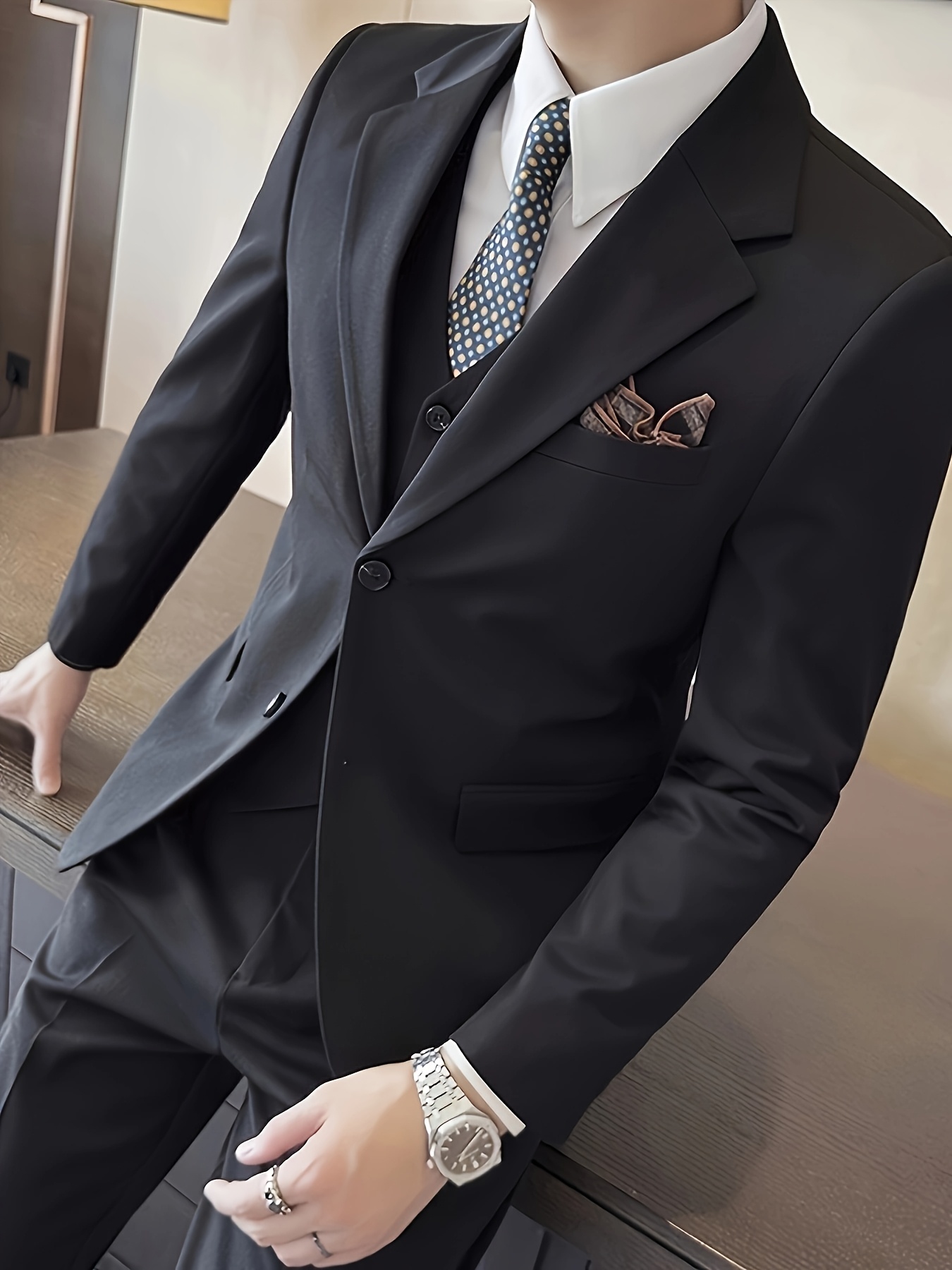 Men'S Elegant Dark Brown Double-Breasted Blazer - Slim Fit, Long Sleeve, Polyester, All-Season Jacket for Formal & Casual Occasions, No Scarf, Formal Attire|Sleek Lapel|Polyester Fabric