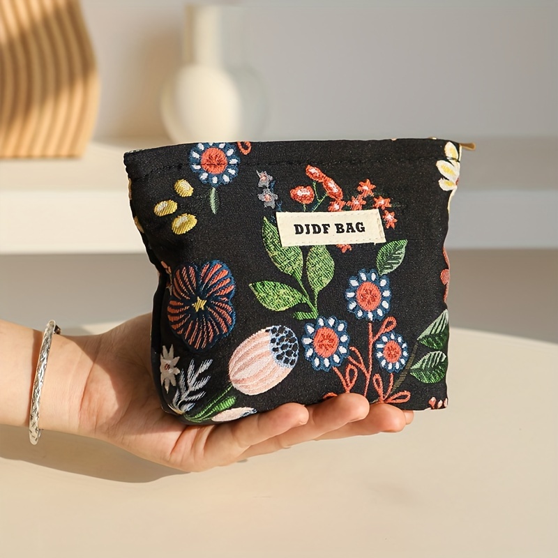 

Travel Essentials, Mini Makeup Bag, Lipstick Pouch In Black With Floral Pattern, Portable Bag Coin Purse, Earphone Case, Sanitary Pad Organizer