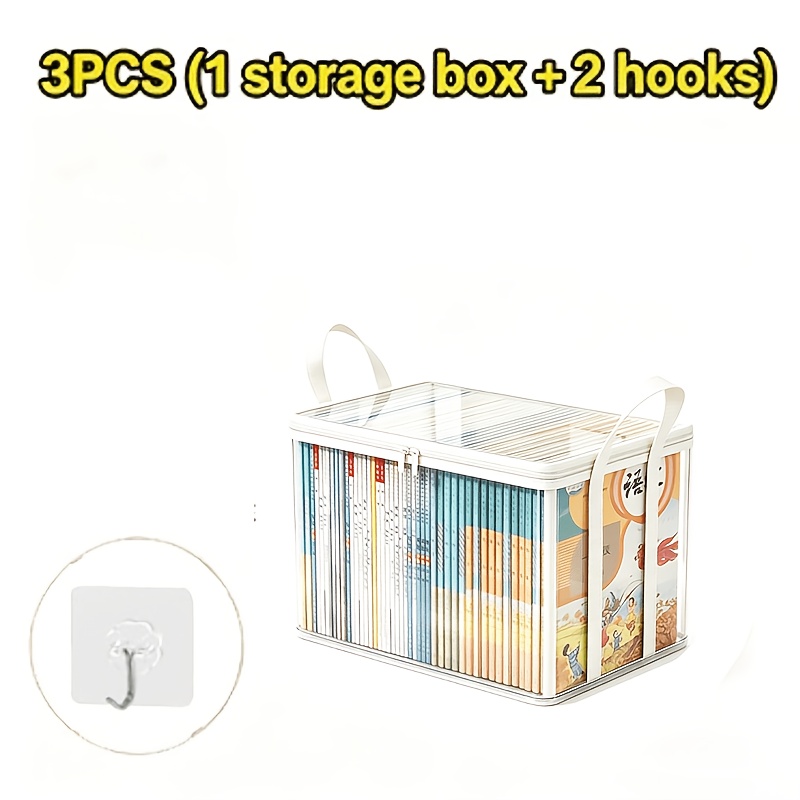 TEMU 3pcs Set (1pc Transparent Storage Box And 2pcs Hooks) Thickened Handle Dust-proof Wardrobe Clutter Underbed Storage Container Home Wardrobe