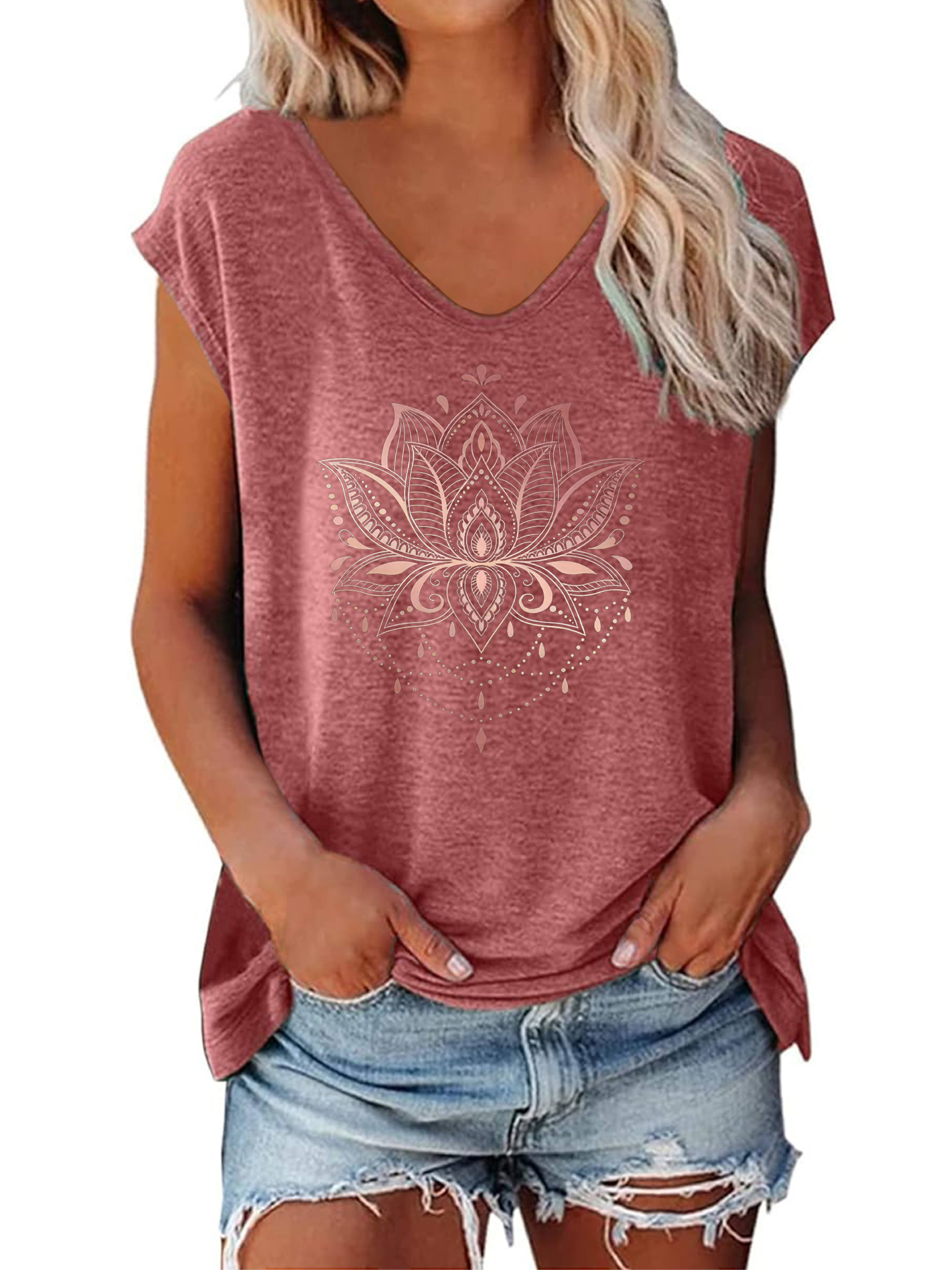Lotus Print V-neck T-Shirt, Casual Cap Sleeve T-Shirt For Spring & Summer, Women's Clothing