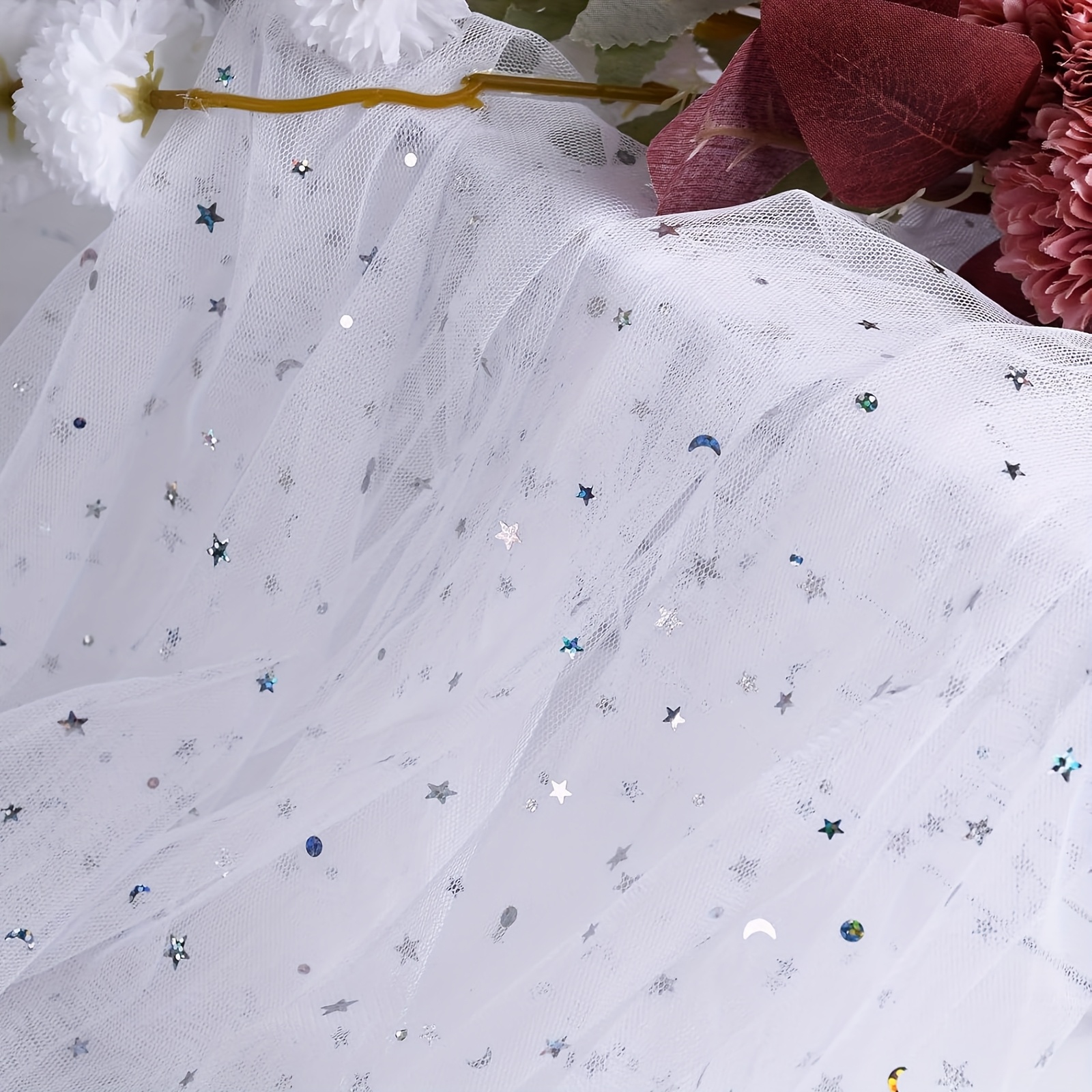 E-shop Extra Langer 59" x2 Yards (118" Gesamt) Vorgeschnittener Pailletten-Tüllstoff-Roll – Glitzernde Stern- und Mond-Pailletten, für Hochzeits-,