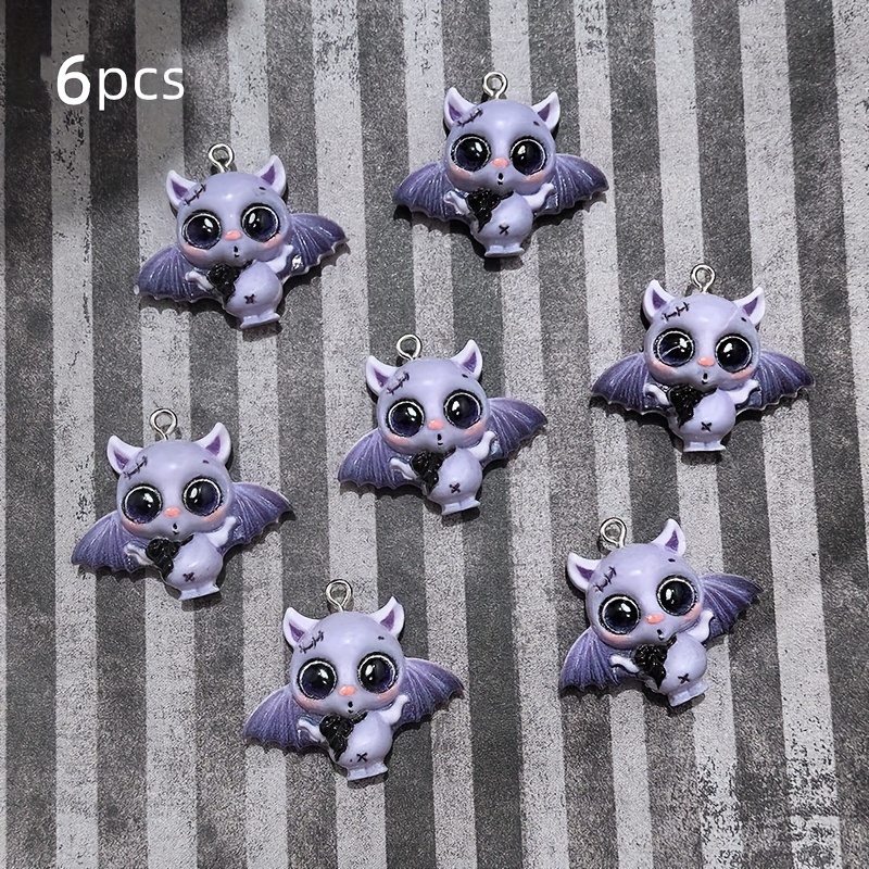 6pcs/pack Lovely Purple Bat Resin Pendant Halloween Jewelry Making Additions