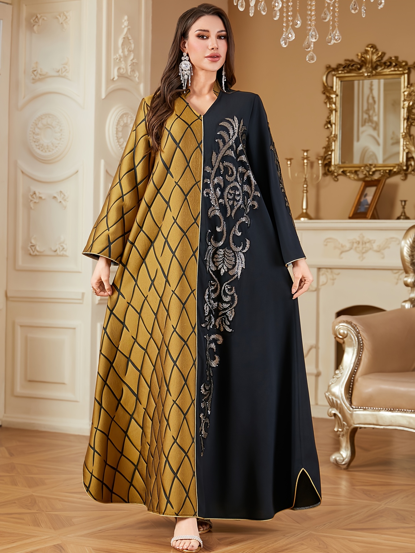 chinese dress ladies Women's Long Sleeve Black and Gold Maxi Dress main image 1