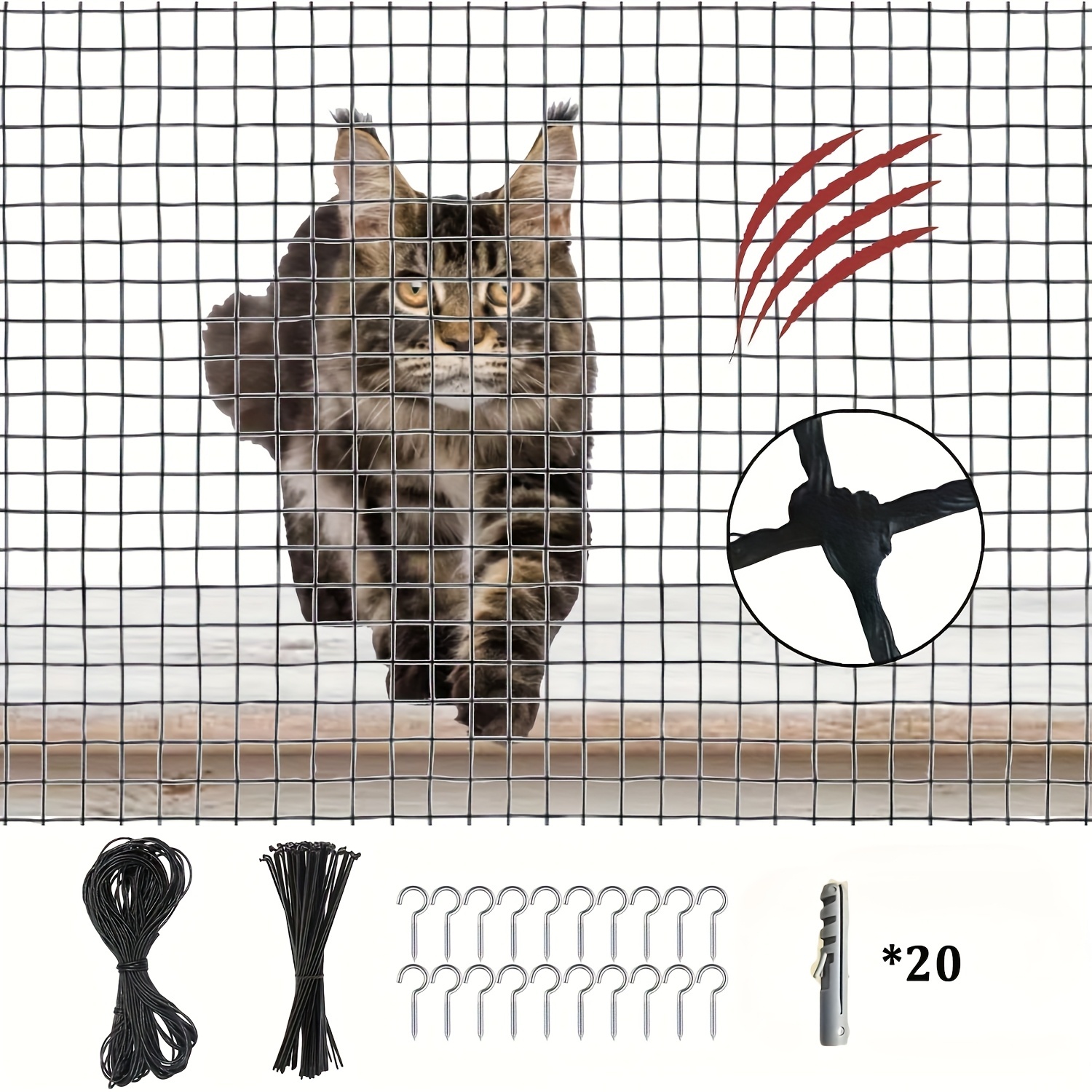 TEMU Large Heavy-duty Cat Net Suitable For , Patios & Windows - Large 5x3m Outdoor/indoor Cat Enclosure With 15m Braided Rope & Accessories, Durable