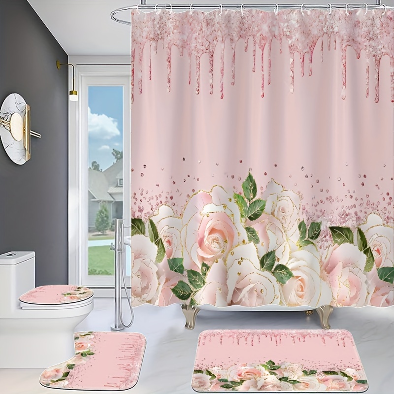 

4pcs Sparkling Shower Curtain Set - Elegant, Waterproof Bathroom Decor With 12 Easy-glide Hooks, Including Rug, U-shape Mat, And Toilet Lid Cover