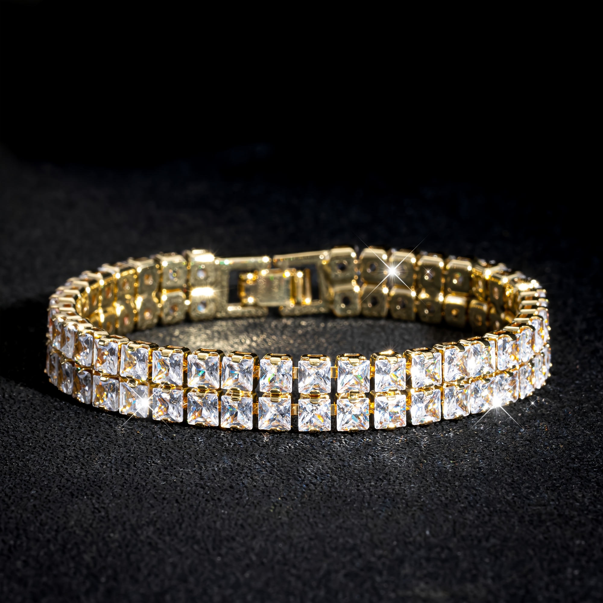 TEMU 1pc Unisex Fashion High-quality Square Wide-band Double-row , Elegant And Luxurious Style, Sparkling Square 3a Zirconia Inlay, Suitable For Men
