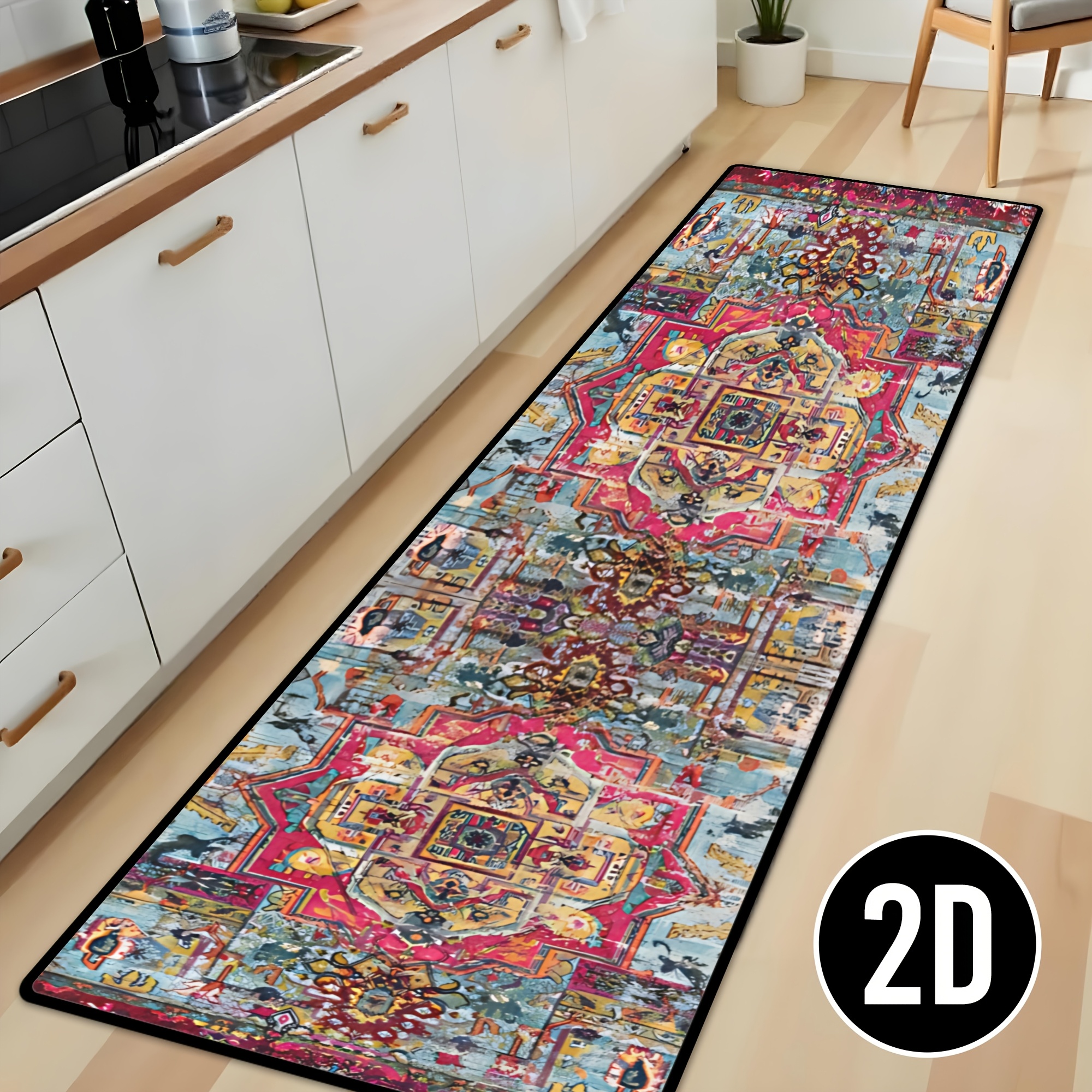 TEMU Soft Non-shedding 1pc Bohemian Hallway Runner Mat - 100% Polyester, Traditional Pattern, Non-slip, Washable, Machine Washable - Rectangle Mat For Entryway, Bedroom, Kitchen, Bathroom