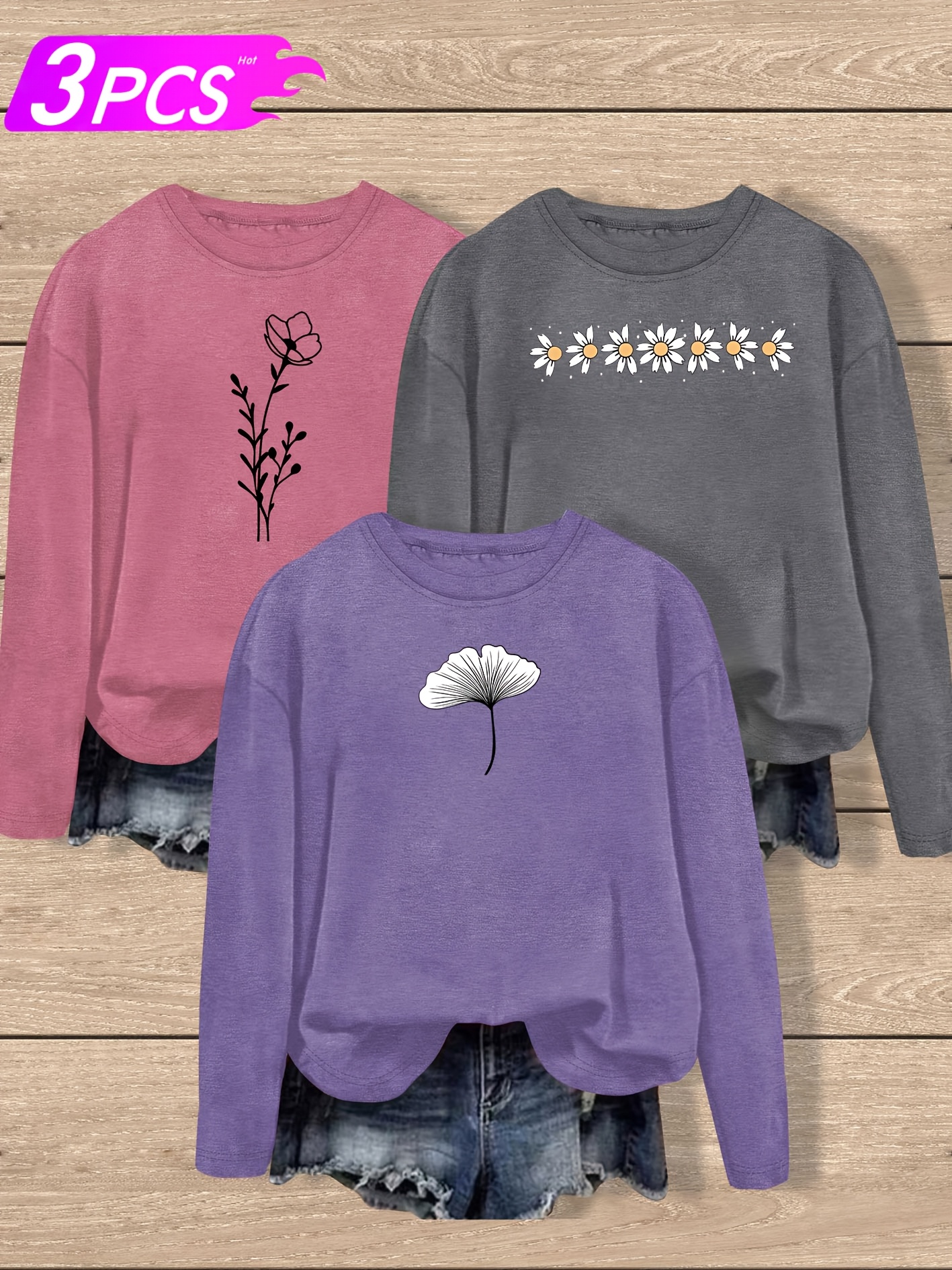 floral daisy leaf minimalist print retro style womens spring autumn winter casual sporty round neck long sleeve t shirt 3pcs set multi color options s xxl Product details 0