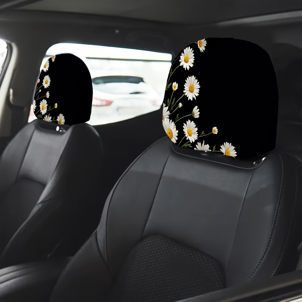 TEMU 2pcs Cartoon Car Headrest Covers, Black Background With White Blooming Daisy Floral Pattern, Durable And Comfortable, , , Suitable For Travel Or