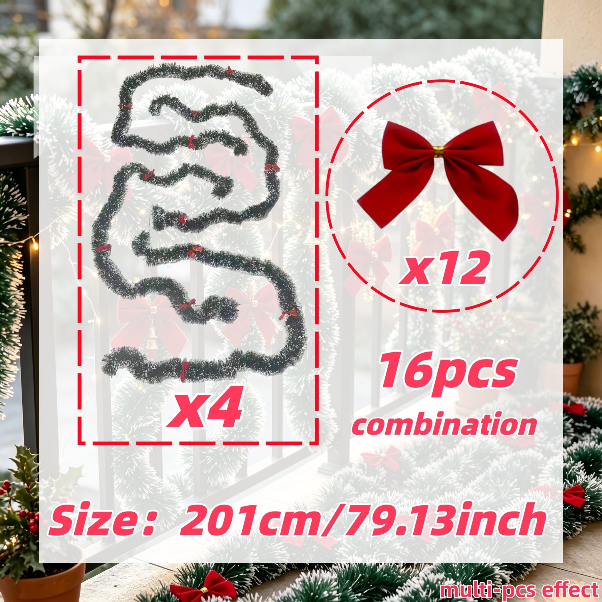 TEMU 4pcs 78.74 Inches Long Dark Green White Edge Christmas Flower Vine Decoration - With 12pcs Exquisite Red Bows, High Material, Free Styling,