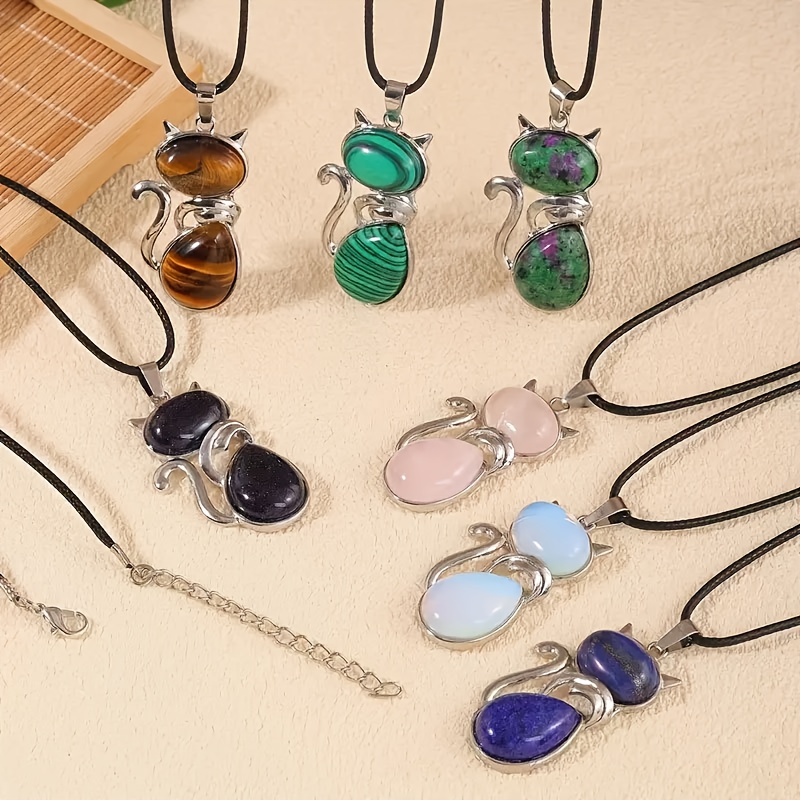 10pcs Natural Stone Cat-Shaped Pendant Ornaments Set