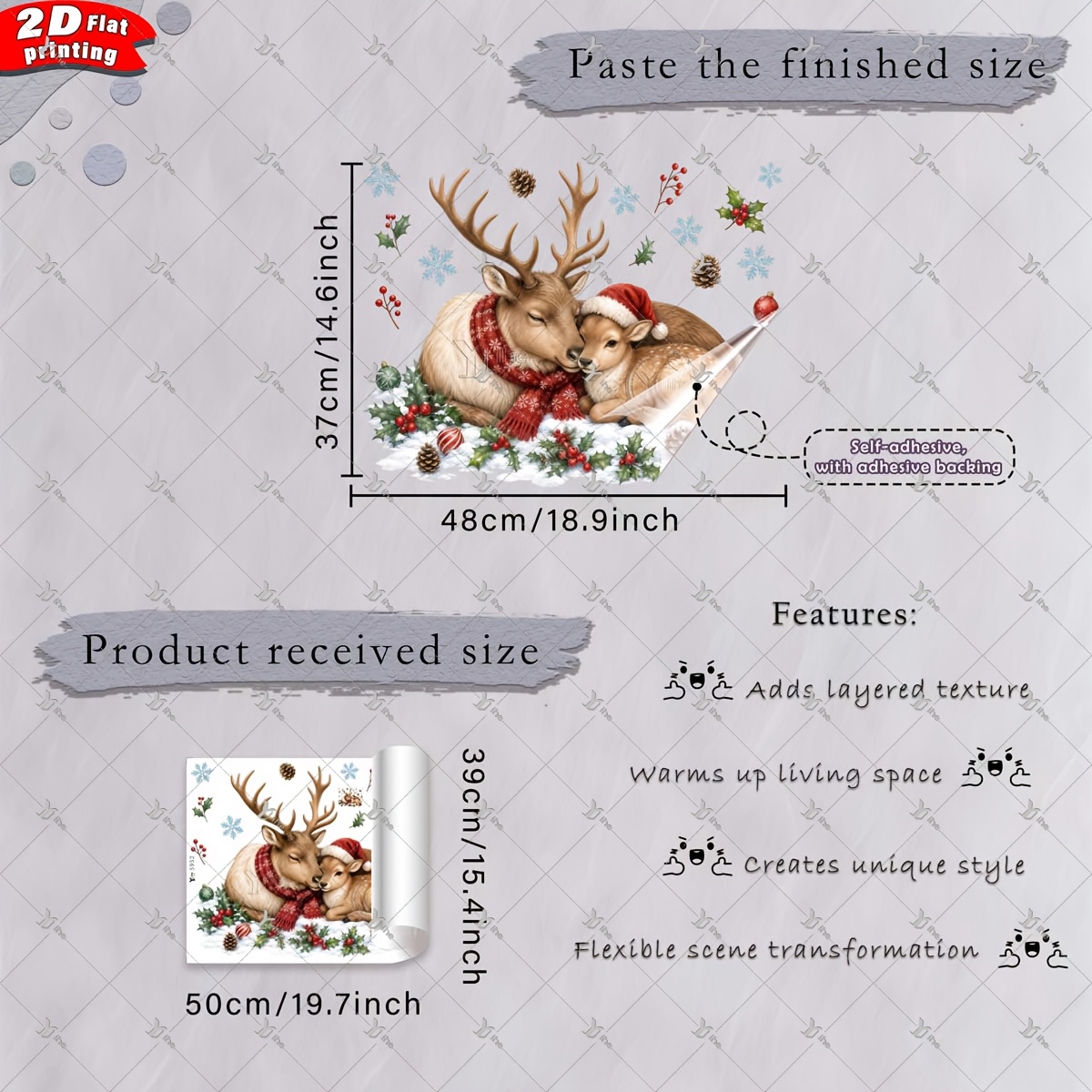 TEMU 2d Flat, 1pc 2d Flat Printed Christmas Warm Snuggled Reindeer Holly Snowflake Window Sticker, Creative Diy Self-adhesive Removable Double-sided