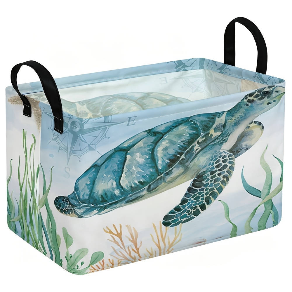 TEMU 1pc, Watercolor Sea Turtle Underwater Marine Print Storage Basket, Multiple Specifications Available, Durable Organizer For Home Storage, Living