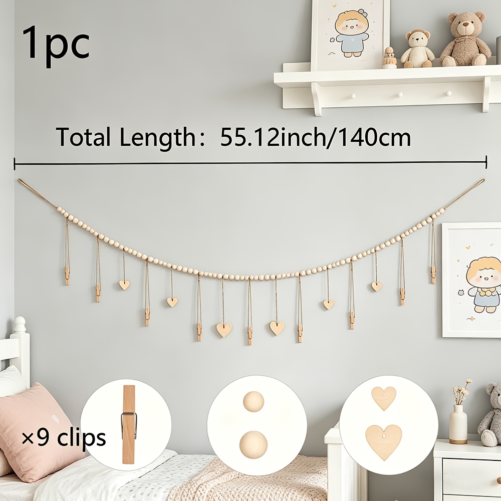 TEMU 1 Décoration Murale Bohème/Boho à Suspendre pour Affichage de Photos, Étiquette de Cœur avec Perles en Bois, Décoration de Rangement pour Photos